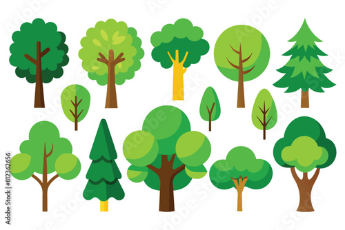 Set of trees for summer nature. Park and forest with green leaves. Plants of different shapes. Cartoon flat illustration