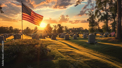  A military cemetery at sunset on Memorial Day, with the American flag flying proudly over rows of gravestones as the sun casts a golden glow over the landscape