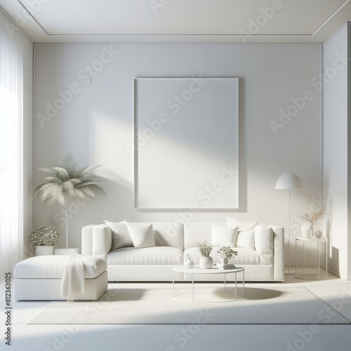 A white living room with a template mockup poster empty white and with a couch and a picture frame image attractive harmony used for printing card design.