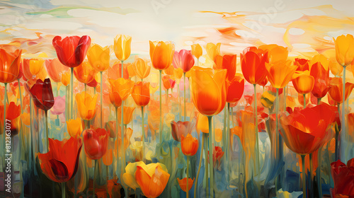 Impressionist tulip field flowers illustration background poster decorative painting #812363077