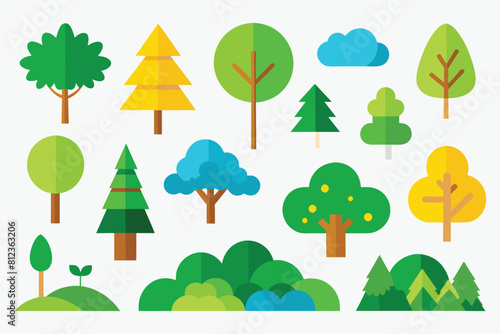 Set of trees for summer nature. Park and forest with green leaves. Plants of different shapes. Cartoon flat illustration