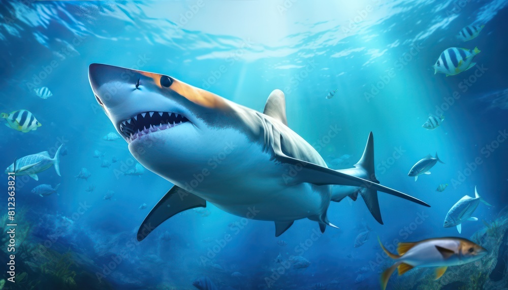 Obraz premium Great white shark in the ocean, portrait of White shark hunting prey in the underwater