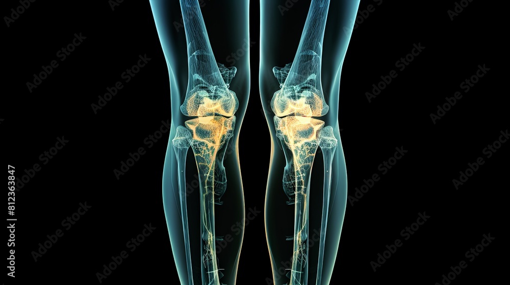 An X-ray blue of a knee with the knee joint highlighted in yellow ,MRI ...