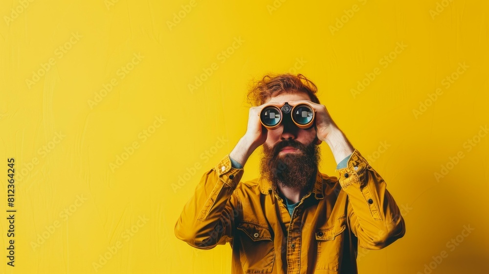 Man with binoculars on yellow backdrop, exploring and discovering, Ai Generated Man with binoculars on yellow backdrop, exploring and discovering, Ai Generated