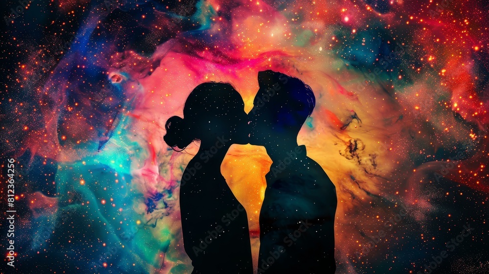 Two silhouettes against a cosmic backdrop, embodying love and spirituality, Ai Generated Two silhouettes against a cosmic backdrop, embodying love and spirituality, Ai Generated