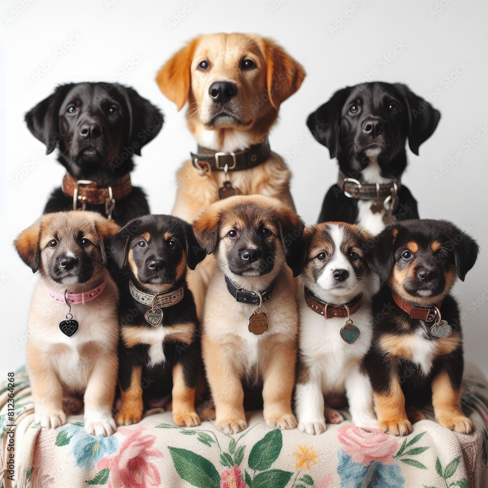 Many puppies sitting on a floral surface art photo attractive harmony illustrator.