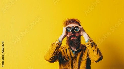 Man with binoculars on yellow backdrop, exploring and discovering, Ai Generated