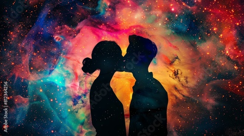 Two silhouettes against a cosmic backdrop, embodying love and spirituality, Ai Generated