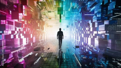 Description Human silhouette wanders in a cubefilled digital realm, symbolizing digital addiction, Ai Generated