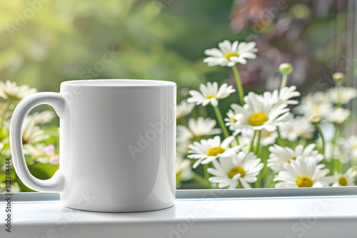 Wallpaper Mural White Coffee Mug on Window Ledge Amidst Bright White Daisies Torontodigital.ca