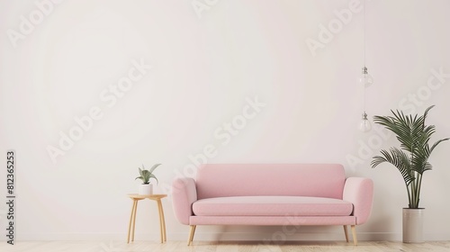 interior design Minimalist Living Room Mockup with Sofa Against White Wall 3d rendering