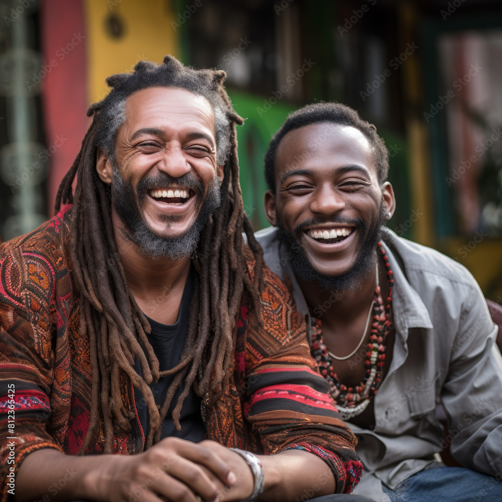 African American Jamaica dread locks man with adult son smiling African American Jamaica dread locks man with adult son smiling