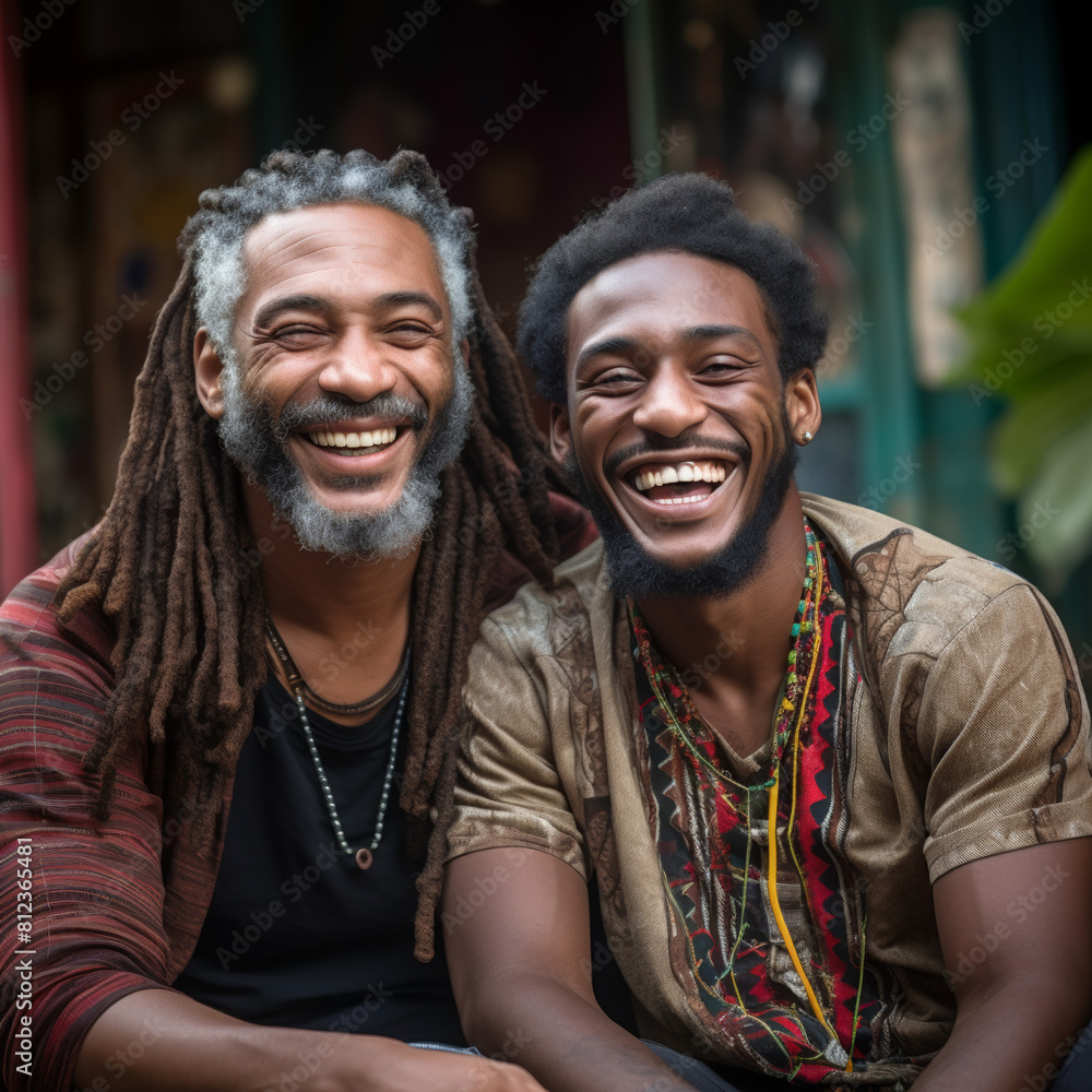 African American Jamaica dread locks man with adult son smiling 