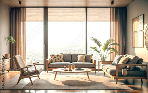 A stunning cinematic close-up of a Japandi minimalist living room interior. The modern space features a clean and simple design, with a white couch, wooden coffee table,