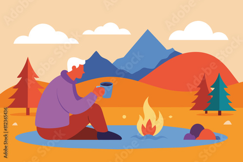 Senior camper drinking tea at pond. Autumn landscape, bonfire, camping flat vector illustration. Adventure tourism, outdoor travel, hiking concept for banner, website design © mobarok8888