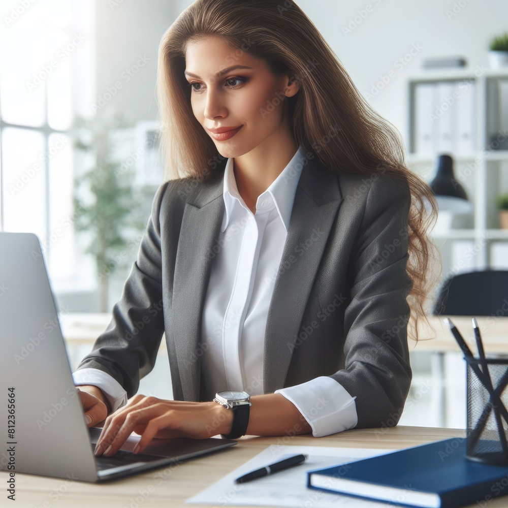 A woman in a suit sitting at a desk working using a laptop image art realistic. A woman in a suit sitting at a desk working using a laptop image art realistic.
