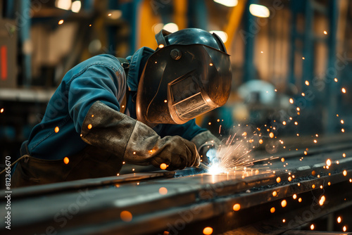 Welding. Industrial worker in protective mask and gloves welding metal.