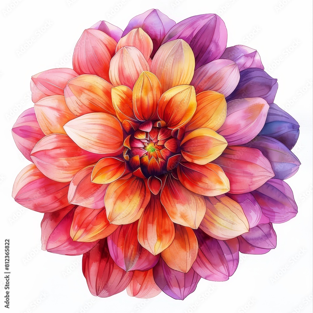 Fototapeta premium Exquisite watercolor painting of a dahlia flower, with vibrant hues of pink, orange, and purple
