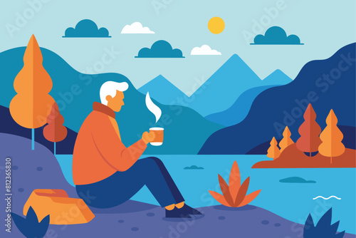 Senior camper drinking tea at pond. Autumn landscape  bonfire  camping flat vector illustration. Adventure tourism  outdoor travel  hiking concept for banner  website design
