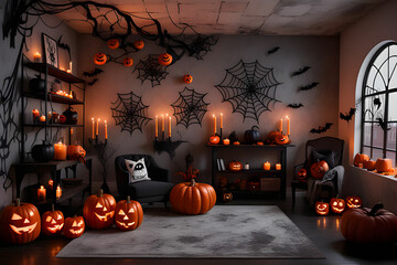 Stylish room interior with creative Halloween decor with blank wall space