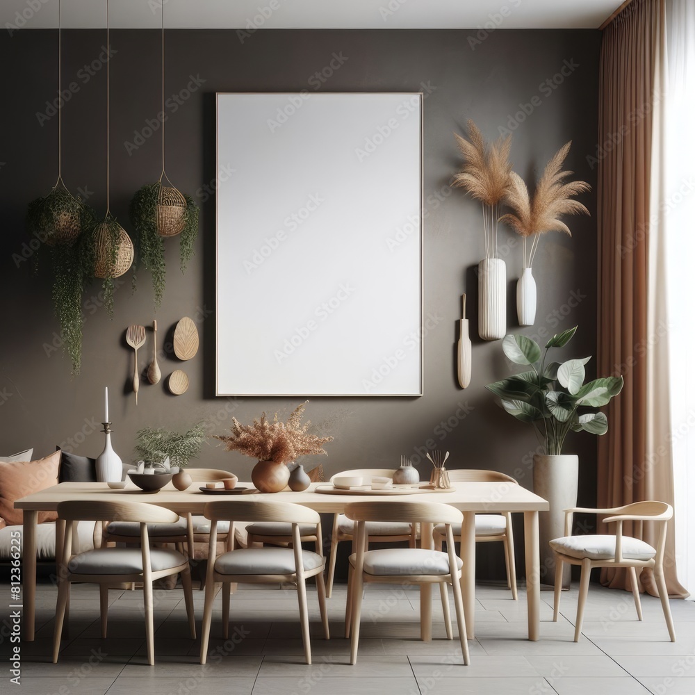 A dining Room with a template mockup poster empty white and with a table and chairs image art realistic attractive attractive.
