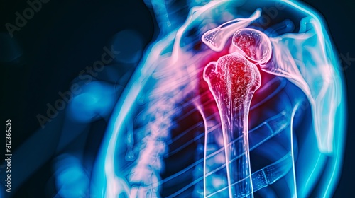 An X-ray blue of a shoulder with the upper arm and shoulder joint highlighted in pink .MRI scan of a human ashoulder joint, showing the ball and socket joint bones and ligaments. 