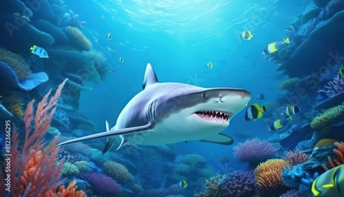 Great white shark in the ocean, portrait of White shark hunting prey in the underwater