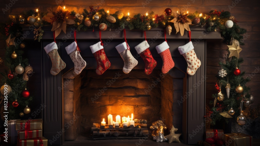 Stockings for the winter holidays hanging in the Christmas tree festive atmosphere