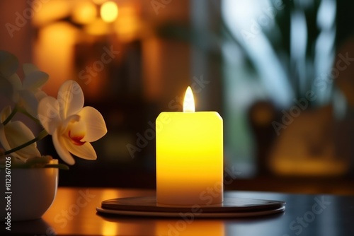 Aromatic candle burns on table in spa procedure salon. Small warm flame creating coziness and relaxing atmosphere in meditation studio. Accessory for aromatherapy treatment and mindfulness