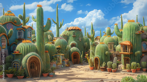 Surreal desert landscape with cacti houses photo