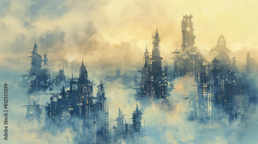 The image shows a steampunk city above the clouds with a bright yellow sky in the background.