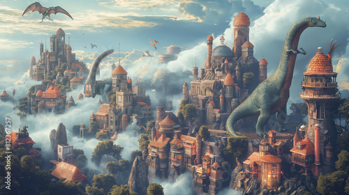 The image is a fantasy landscape with floating islands  castles  and dinosaurs.