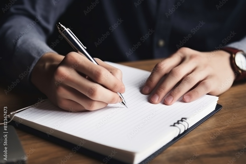 Man writes on empty notebook page with pen sitting at table in room closeup. Student hands with writing tool on blank organizer at wooden desk. Marking notes about creative ideas concept Man writes on empty notebook page with pen sitting at table in room closeup. Student hands with writing tool on blank organizer at wooden desk. Marking notes about creative ideas concept