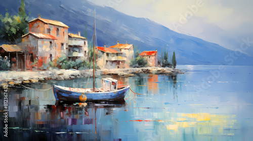 mediterranean costal villiage on a rainy day oil painting abstract decorative painting photo