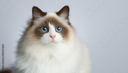 Cute fluffy portrait kitty Cat Ragdoll looking at camera isolated on clear png background