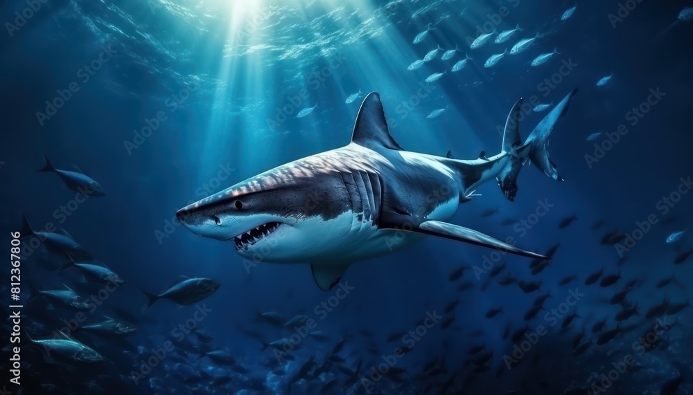 Great white shark in the ocean, portrait of White shark hunting prey in the underwater Great white shark in the ocean, portrait of White shark hunting prey in the underwater