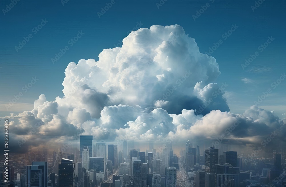 Fototapeta premium Capture the essence of Cloud Computing with a frontal view of a digital cityscape shrouded in fluffy, photorealistic clouds Showcase scalability through buildings disappearing into the cloud.