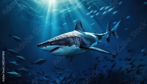 Great white shark in the ocean, portrait of White shark hunting prey in the underwater © Virgo Studio Maple
