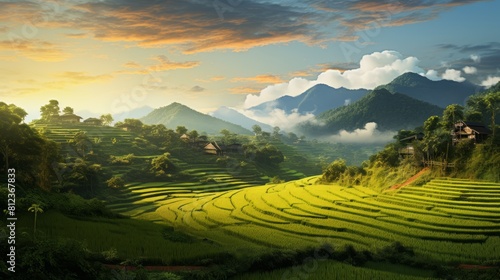A rice plantation that is located on a hill in the countryside