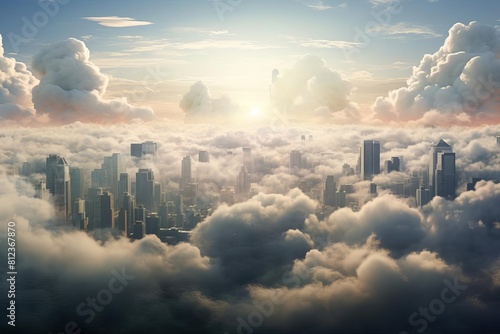Capture the essence of Cloud Computing with a frontal view of a digital cityscape shrouded in fluffy