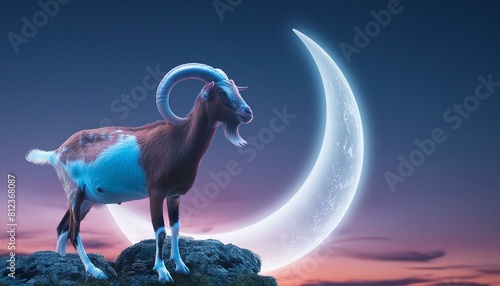Eid-Moubarak person in the night, the devil and the moon, goat on the mountain, goat in the night, affiche de voeux de l'Aïd el-Moubarak, lune de chèvre et de croissant avec ciel nocturne