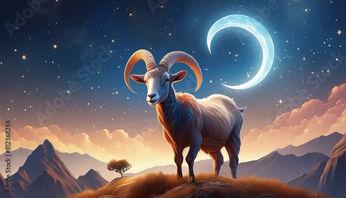 Eid-Moubarak person in the night, the devil and the moon, goat on the mountain, goat in the night, affiche de voeux de l'Aïd el-Moubarak, lune de chèvre et de croissant avec ciel nocturne photo