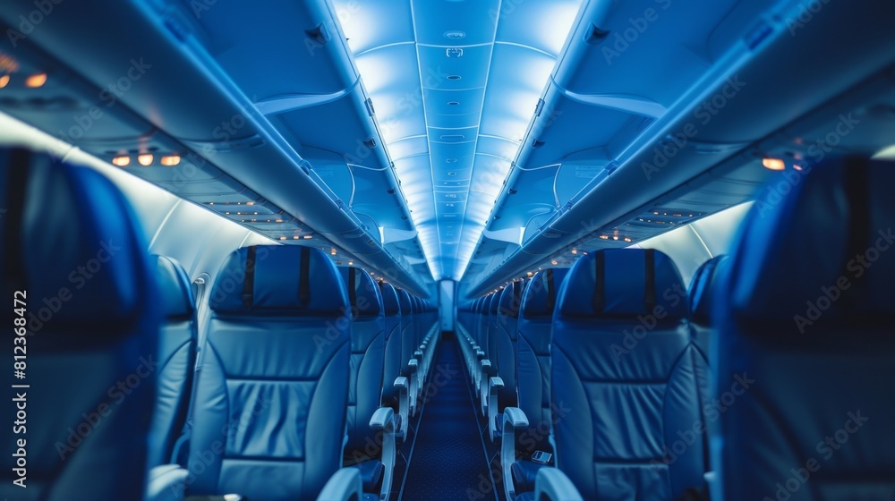 Wide shot of the interior cabin of an airplane with blue lighting Wide shot of the interior cabin of an airplane with blue lighting