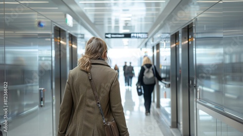 A woman in her thirties walks through the airport hallway
