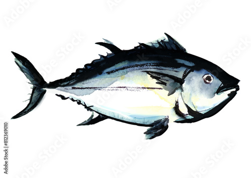 魚、マグロの水彩風イラスト　右向き