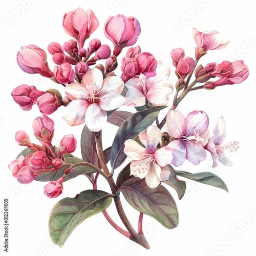 Pink and white cherry blossom flowers with buds, watercolor painting.