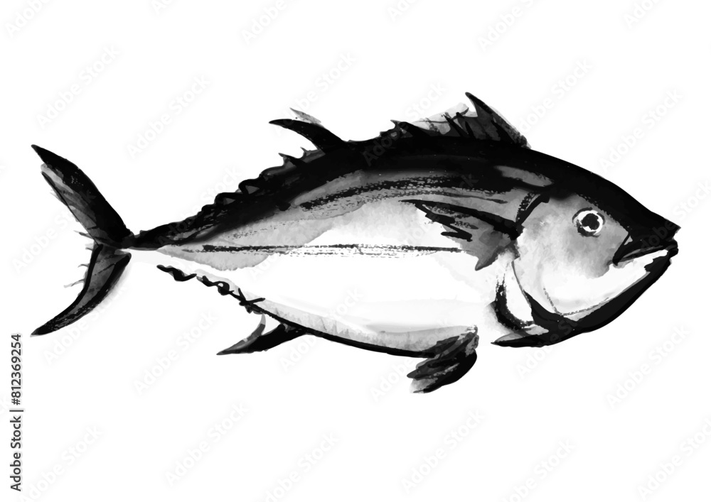 魚、マグロの水彩風イラスト 右向き モノクロ 魚、マグロの水彩風イラスト 右向き モノクロ
