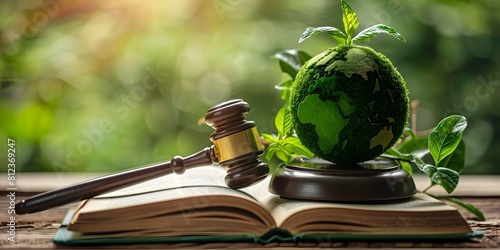 Green Globe on Law Book with Gavel Concept of Environmental Law Enforcement and Legislation photo