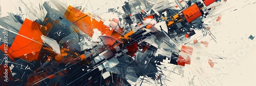 a painting of a bunch of different colored shapes and sizes on a white background with a black and orange design