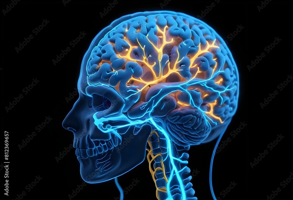 A 3D model of a brain with a glowing blue outline and vibrant yellow synaptic connections A 3D model of a brain with a glowing blue outline and vibrant yellow synaptic connections